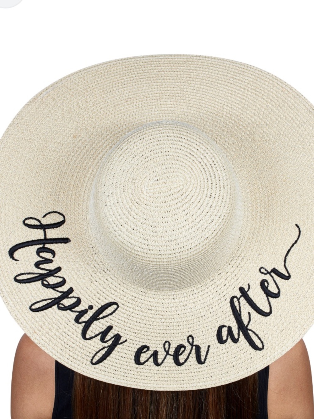 HAPPILY EVER AFTER Wide Brim White Straw Sun Hat with Black Ribbon NWOT